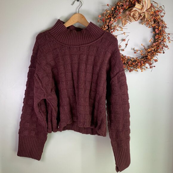 Free People OB1818530 Care Soul Searcher Mock Neck Sweater MEDIUM in Wine Heathe - Picture 1 of 9
